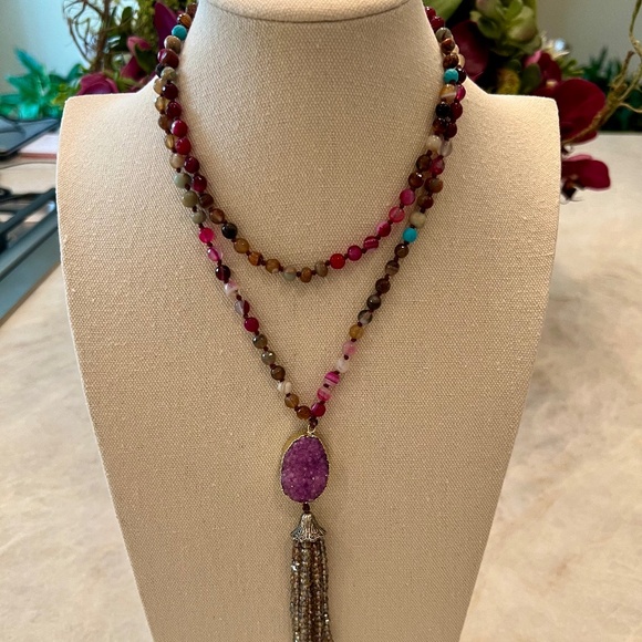 Hand Knotted Multi-Colored Agate with Amethyst Drop - Picture 1 of 5